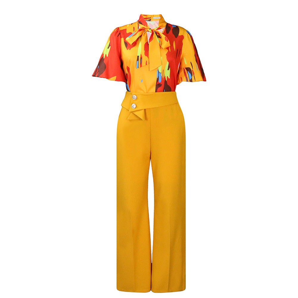 Printed Stand Up Collar And High Waist Pants Set LMH Beauty