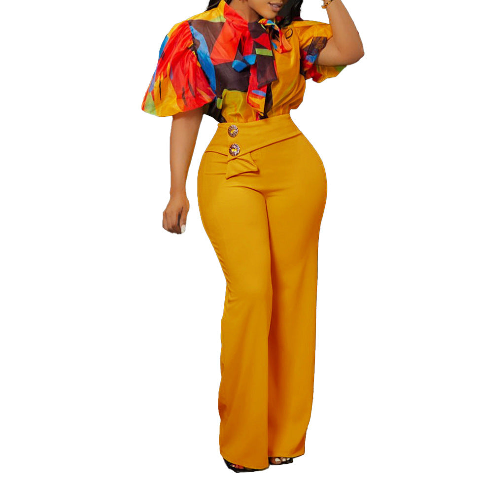 Printed Stand Up Collar And High Waist Pants Set LMH Beauty