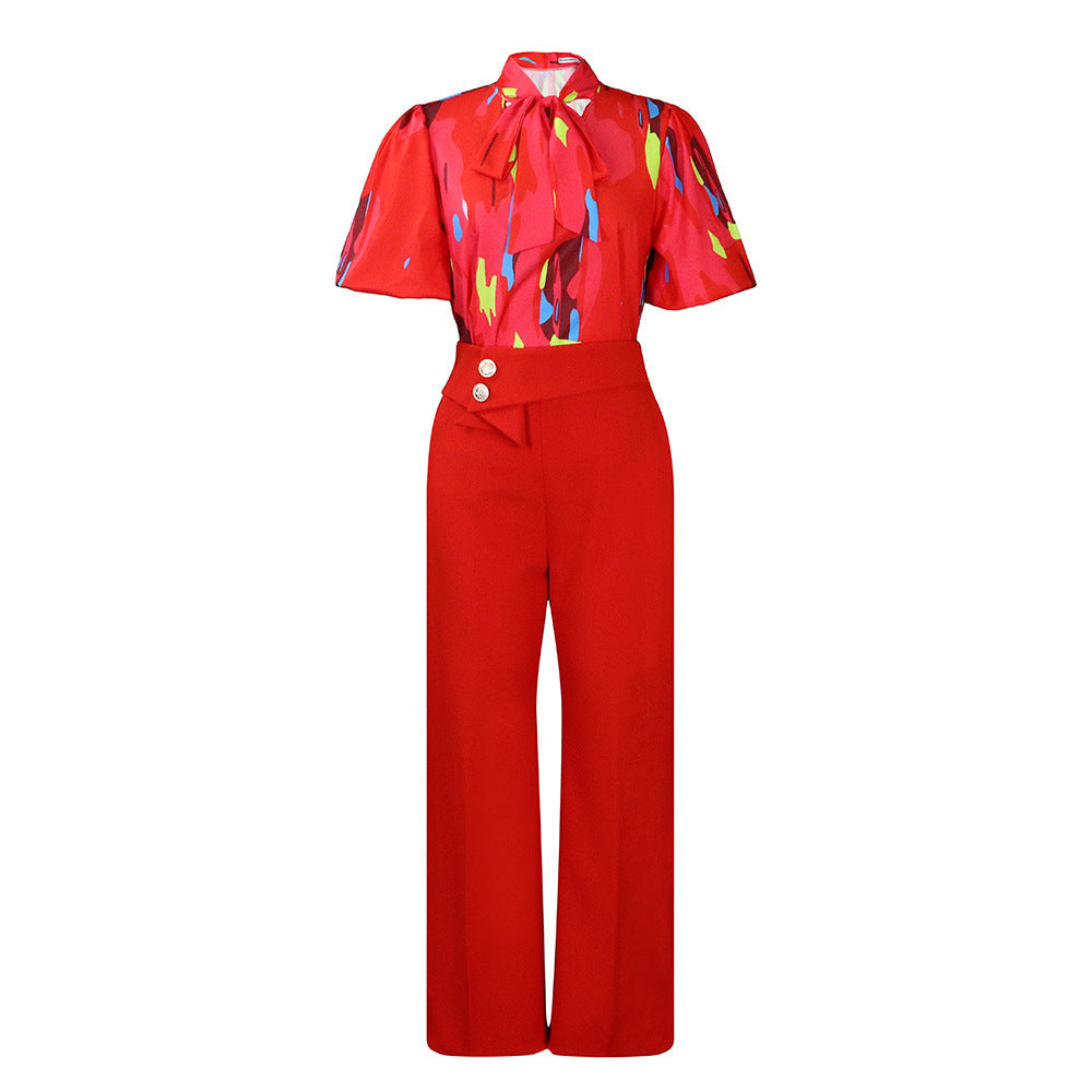 Printed Stand Up Collar And High Waist Pants Set LMH Beauty