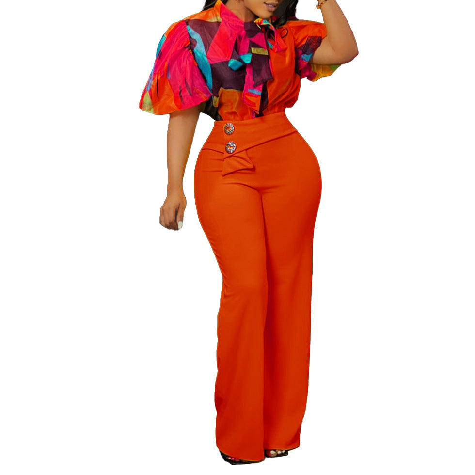 Printed Stand Up Collar And High Waist Pants Set LMH Beauty