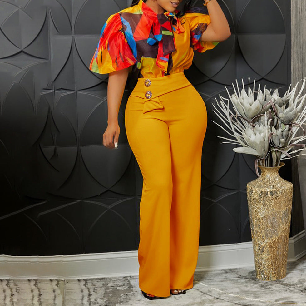 Printed Stand Up Collar And High Waist Pants Set LMH Beauty