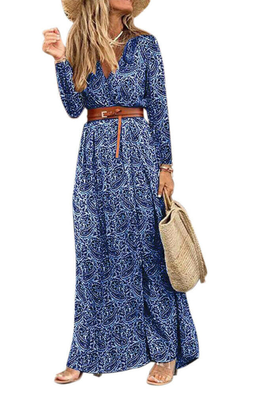 Women's V-neck long-sleeved Printed Long Dress (with belt)