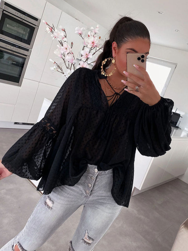 Women's Chiffon  Lace Loose Balloon Sleeve Top