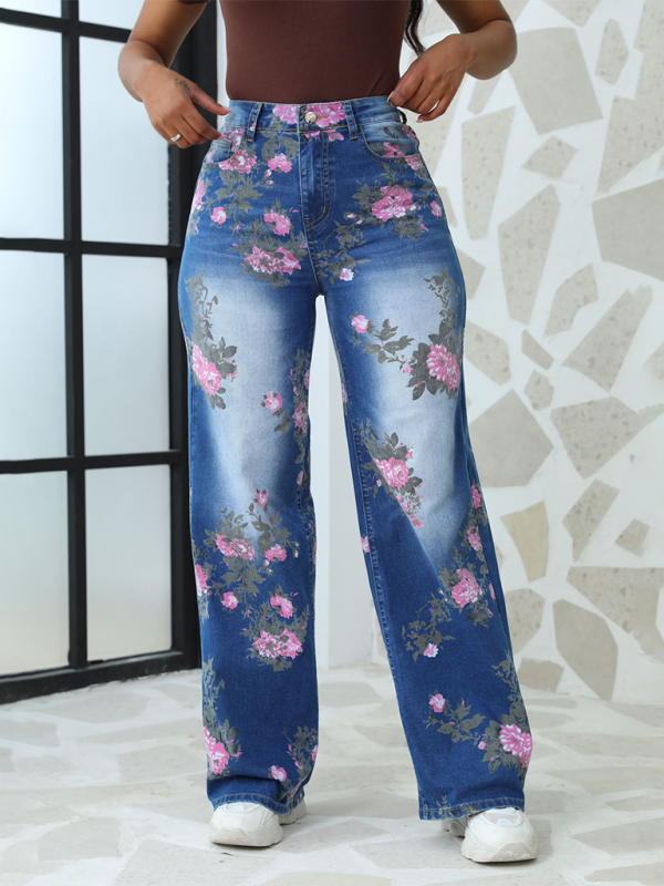 Women's Floral Printed Wide Leg Pants Jeans