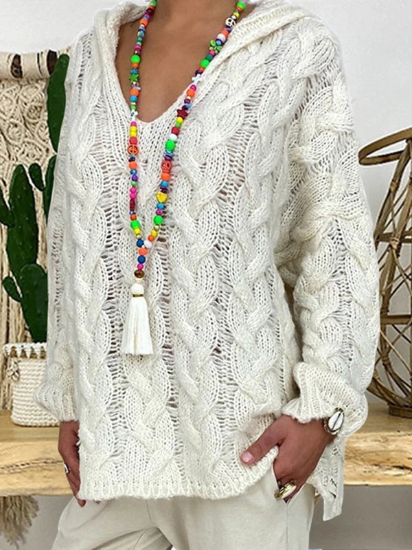 Women's Long-sleeved Hooded V-neck Knitted Sweater (without necklace)