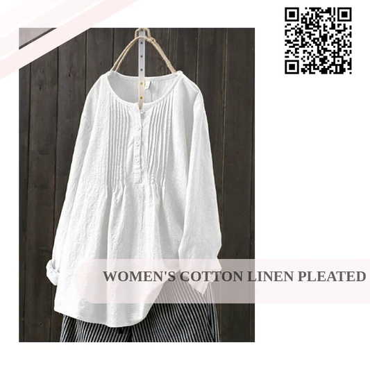Women's Cotton Linen Pleated Round Neck Long Sleeve Shirt by@Outfy