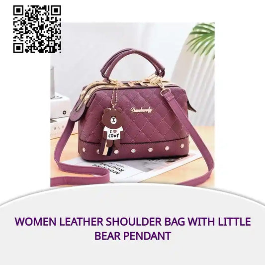 Women Leather Shoulder Bag With Little Bear Pendant by@Outfy