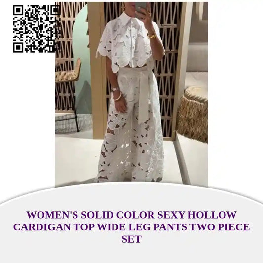 Women's solid color sexy hollow cardigan top wide leg pants two piece set by@Outfy