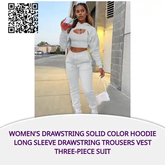 Women's Drawstring Solid Color Hoodie Long Sleeve Drawstring Trousers Vest Three-Piece Suit by@Outfy