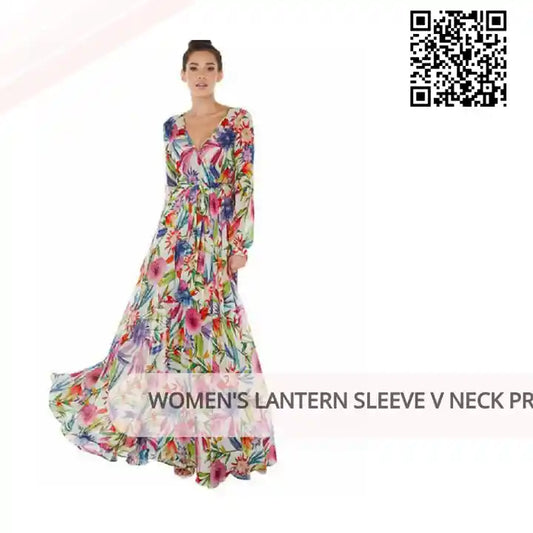 Women's Lantern Sleeve V Neck Print Swing Dress by@Outfy
