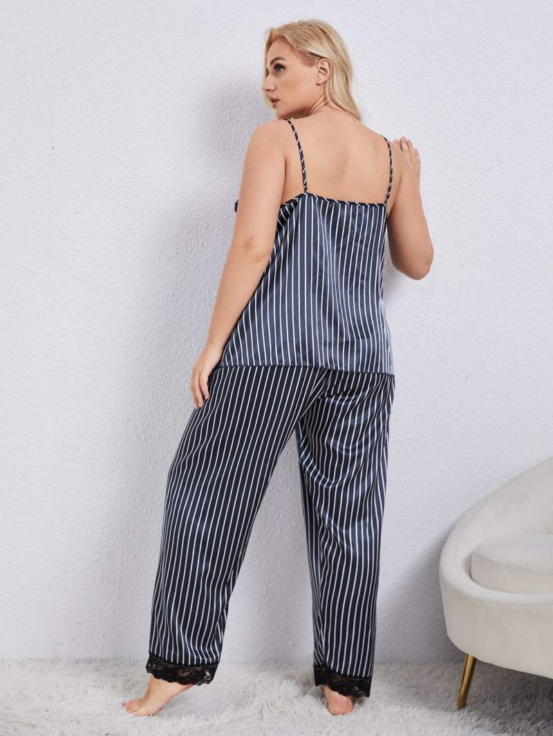 Plus Size Vertical Stripe Lace Trim Cami and Pants Pajama Set LMH Beauty