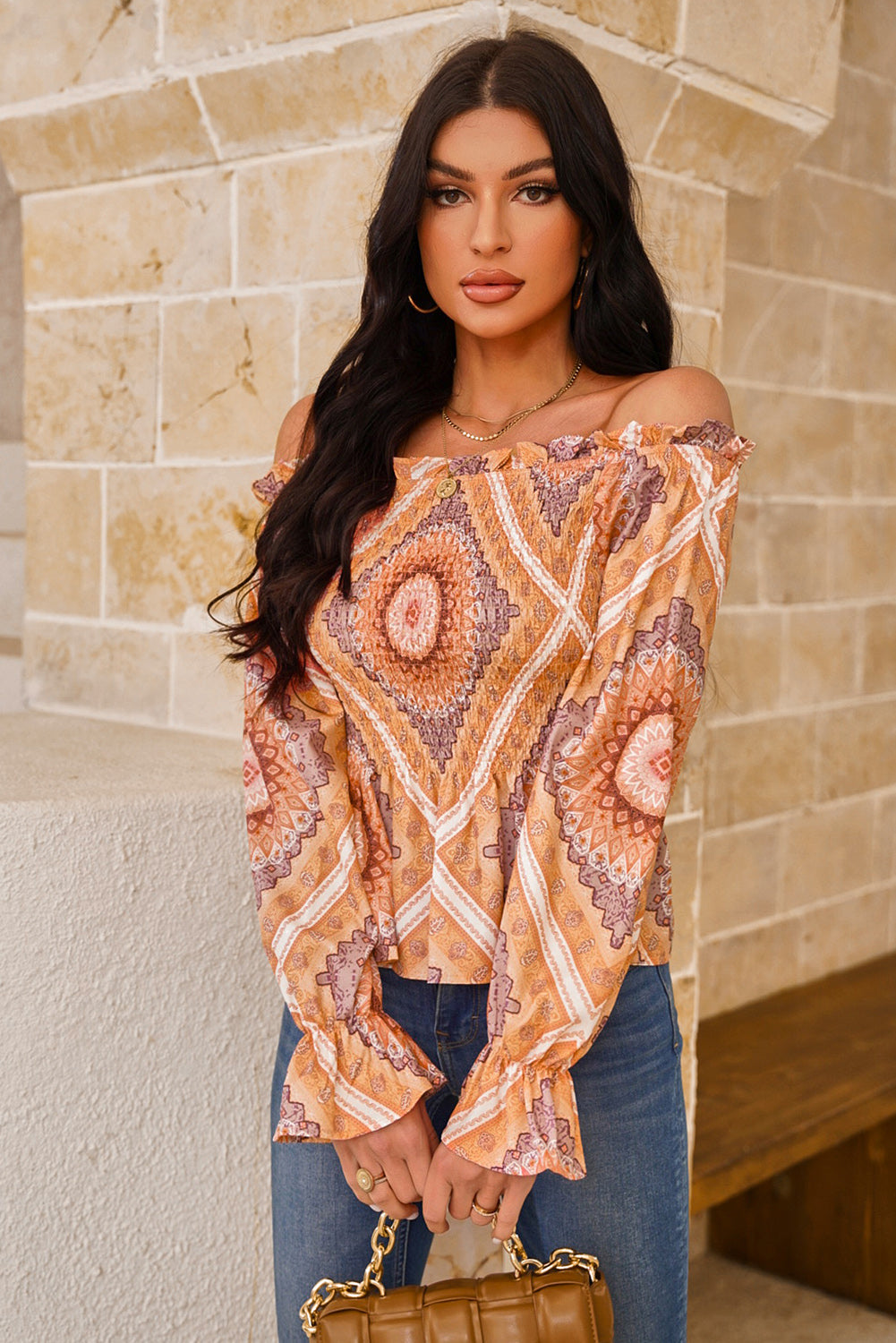 Printed Off-Shoulder Smocked Flounce Sleeve Blouse LMH Beauty