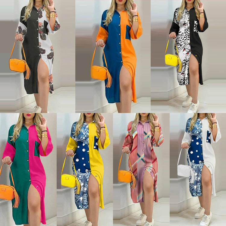 Printed single breasted commuter irregular dress LMH Beauty