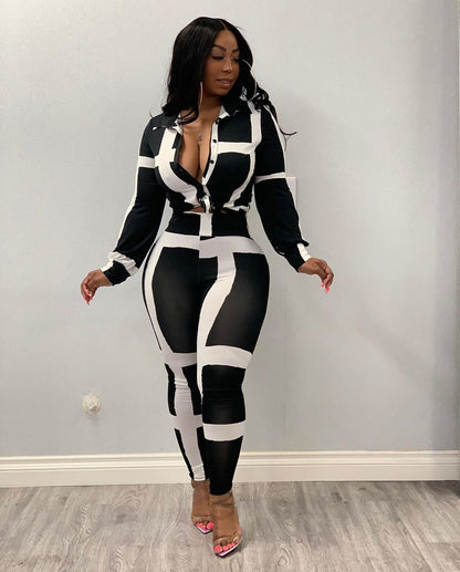 Women Long Sleeve Striped Print  Two Piece Set LMH Beauty