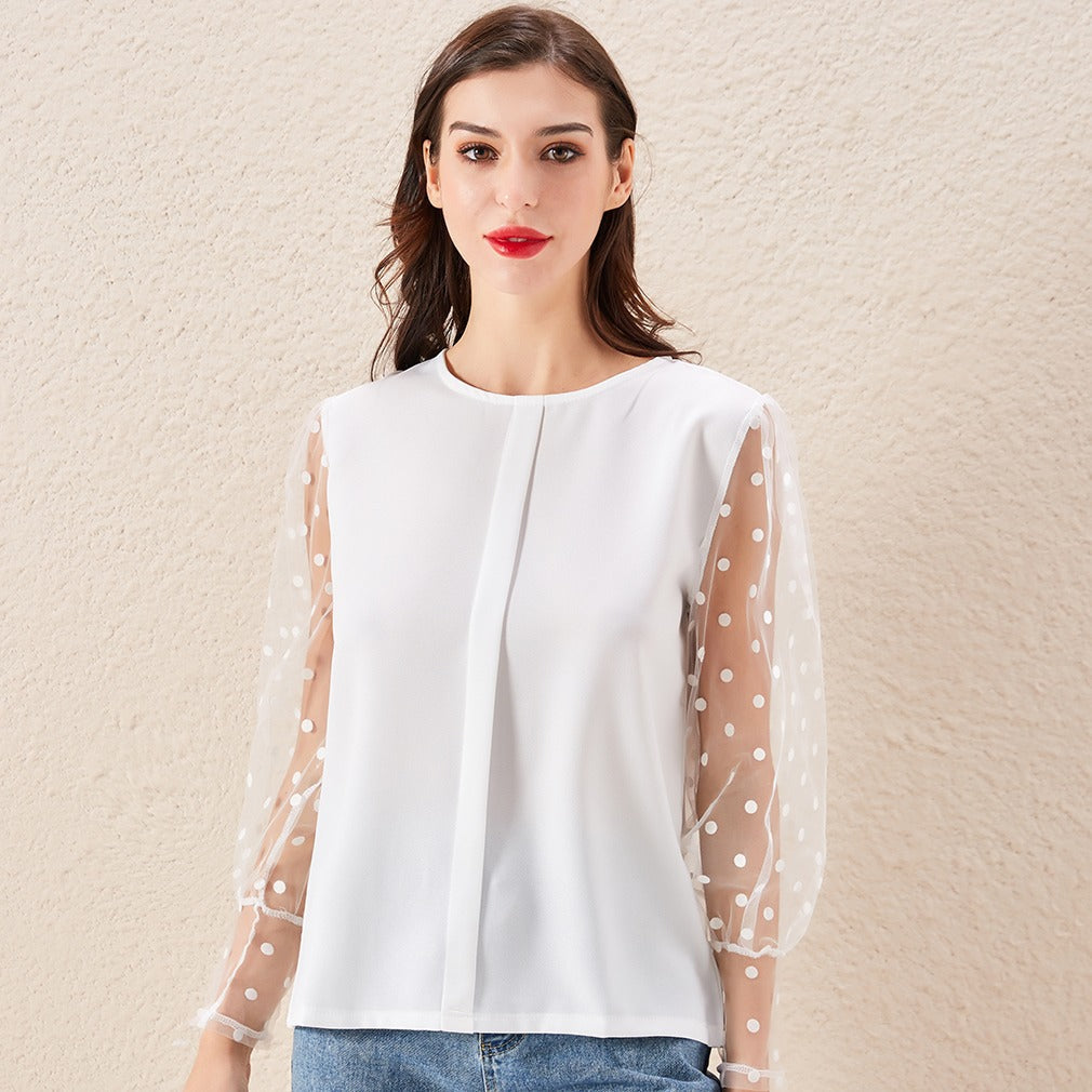 Women's fashionable elegant polka dot lace lantern sleeve round neck shirt LMH Beauty
