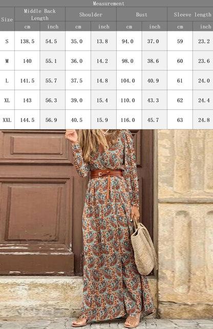 Women's V-neck long-sleeved Printed Long Dress (with belt)