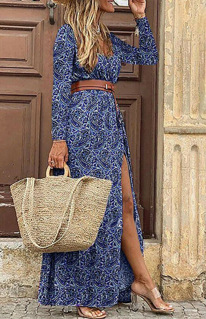Women's V-neck long-sleeved Printed Long Dress (with belt)