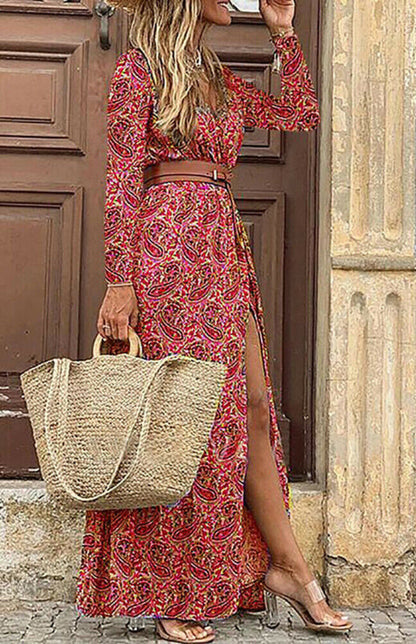 Women's V-neck long-sleeved Printed Long Dress (with belt)