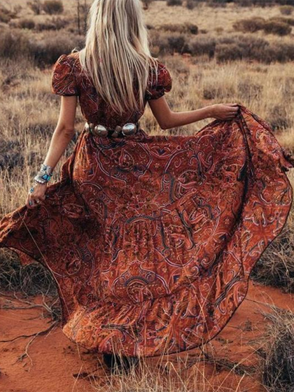 Women's Printed V-neck Short-sleeved Bohemian Dress (belt not included)