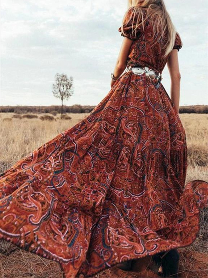 Women's Printed V-neck Short-sleeved Bohemian Dress (belt not included)