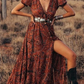 Women's Printed V-neck Short-sleeved Bohemian Dress (belt not included)