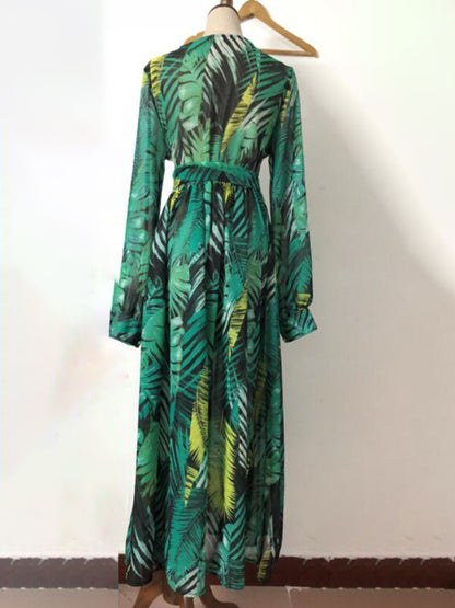 Women's Lantern Sleeve V Neck Print Swing Dress