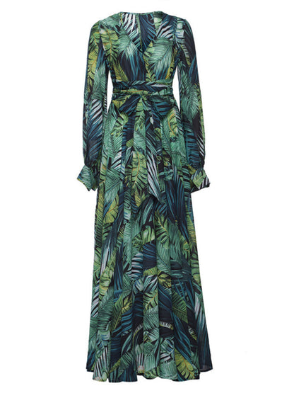 Women's Lantern Sleeve V Neck Print Swing Dress