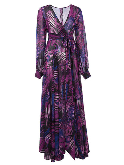 Women's Lantern Sleeve V Neck Print Swing Dress