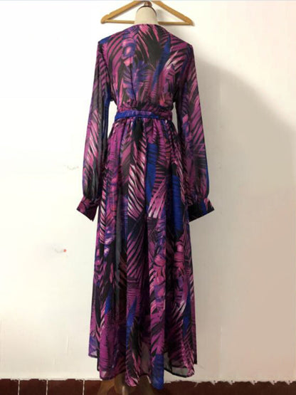 Women's Lantern Sleeve V Neck Print Swing Dress