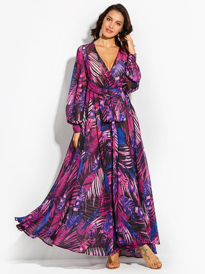 Women's Lantern Sleeve V Neck Print Swing Dress