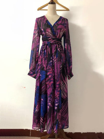 Women's Lantern Sleeve V Neck Print Swing Dress