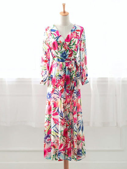 Women's Lantern Sleeve V Neck Print Swing Dress