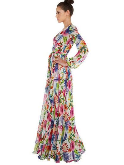 Women's Lantern Sleeve V Neck Print Swing Dress