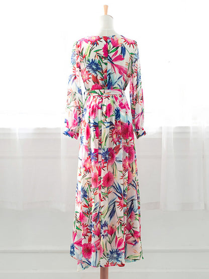 Women's Lantern Sleeve V Neck Print Swing Dress