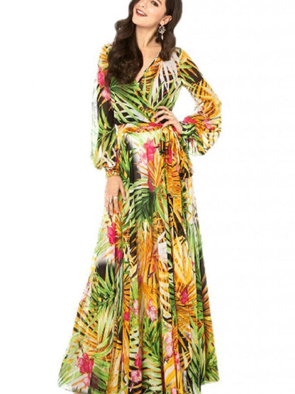 Women's Lantern Sleeve V Neck Print Swing Dress