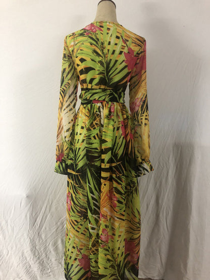 Women's Lantern Sleeve V Neck Print Swing Dress