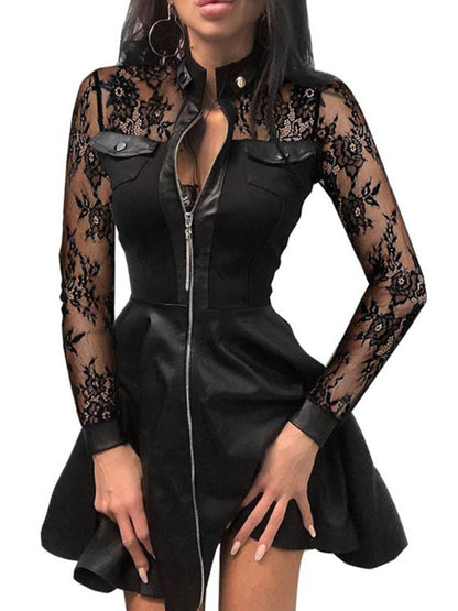 Women's Long sleeve V-neck Zipper Pocket Dress