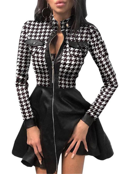 Women's Long sleeve V-neck Zipper Pocket Dress