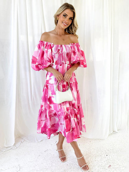 Women's Resort Style Puff Sleeve Printed French Cake Dress