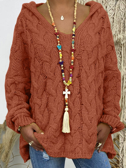Women's Long-sleeved Hooded V-neck Knitted Sweater (without necklace)