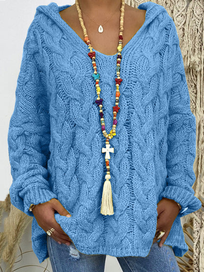 Women's Long-sleeved Hooded V-neck Knitted Sweater (without necklace)