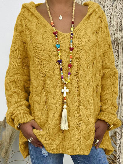 Women's Long-sleeved Hooded V-neck Knitted Sweater (without necklace)