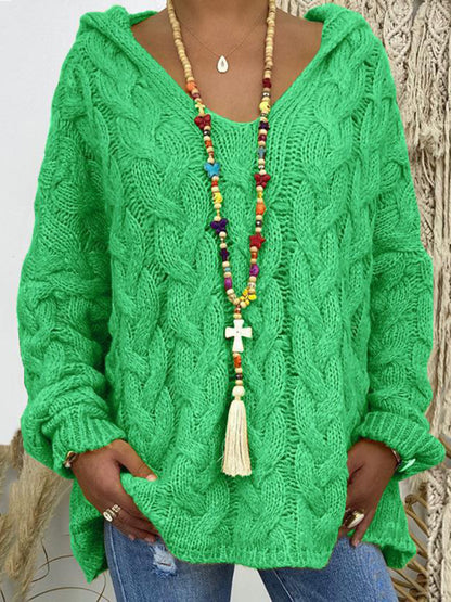Women's Long-sleeved Hooded V-neck Knitted Sweater (without necklace)