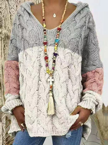 Women's Long-sleeved Hooded V-neck Knitted Sweater (without necklace)