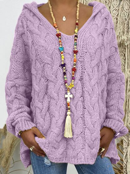 Women's Long-sleeved Hooded V-neck Knitted Sweater (without necklace)
