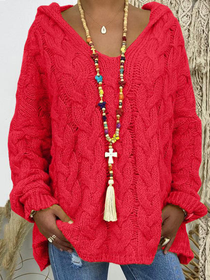 Women's Long-sleeved Hooded V-neck Knitted Sweater (without necklace)
