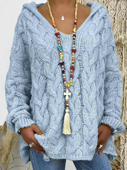 Women's Long-sleeved Hooded V-neck Knitted Sweater (without necklace)