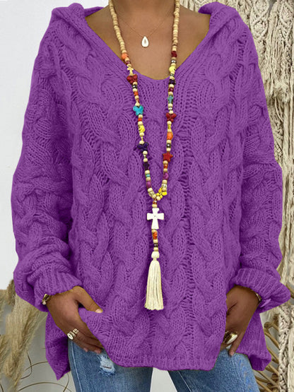 Women's Long-sleeved Hooded V-neck Knitted Sweater (without necklace)