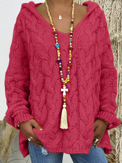Women's Long-sleeved Hooded V-neck Knitted Sweater (without necklace)