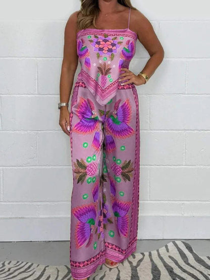 New Fashion Casual Sexy Suspender Printed Loose Women's Trousers Set